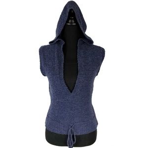 Blue Sleeveless V-Neck Hoodie Top Size Large